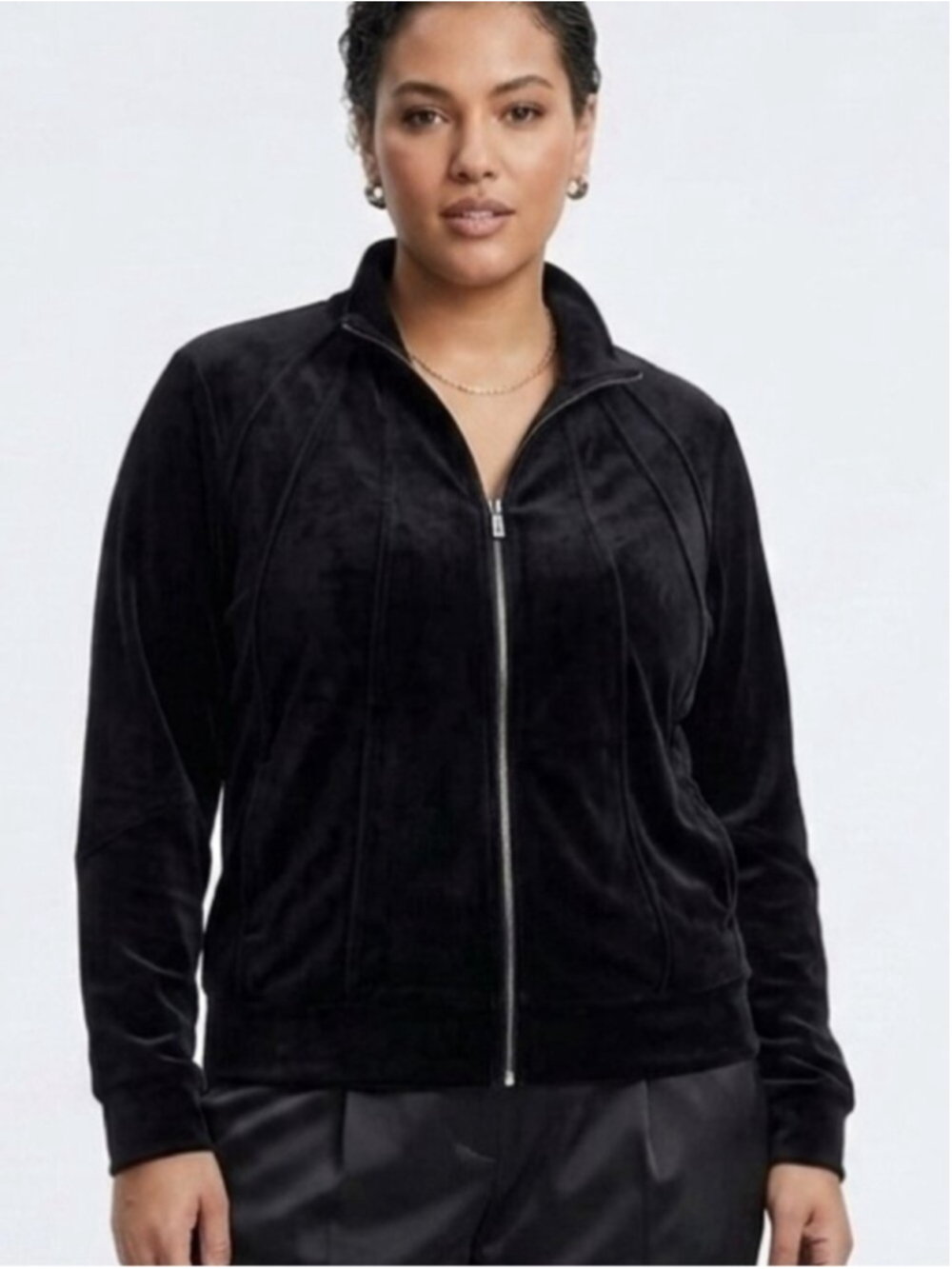 Ladies plus size Jones New York Black Velvet Zip Front Bomber Jacket chic 1401